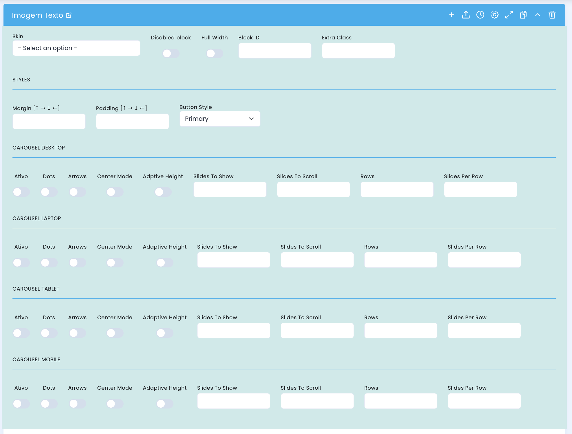 Configurações avançadas do bloco imagem texto no Studio CMS